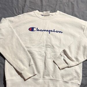 Champion White Crewneck with Blue Logo